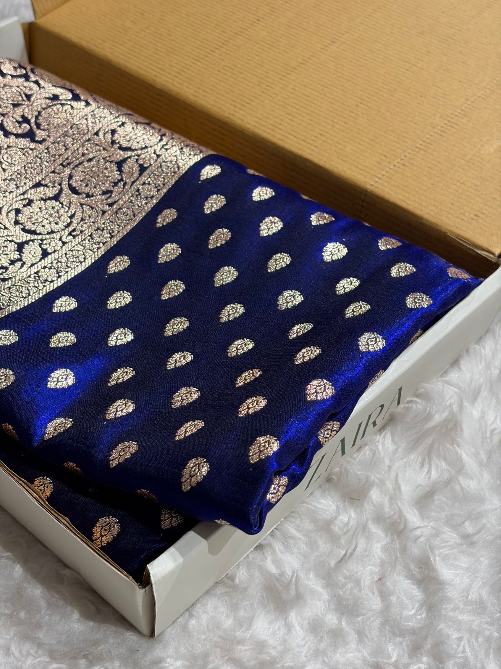 Dark Royal Blue Booti satin Silk Saree SS01