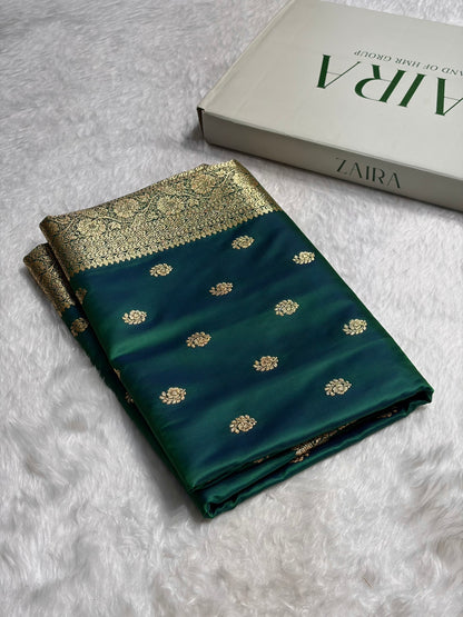 Cross Green Floral Boota Pattern Satin Katan Silk Saree SK72