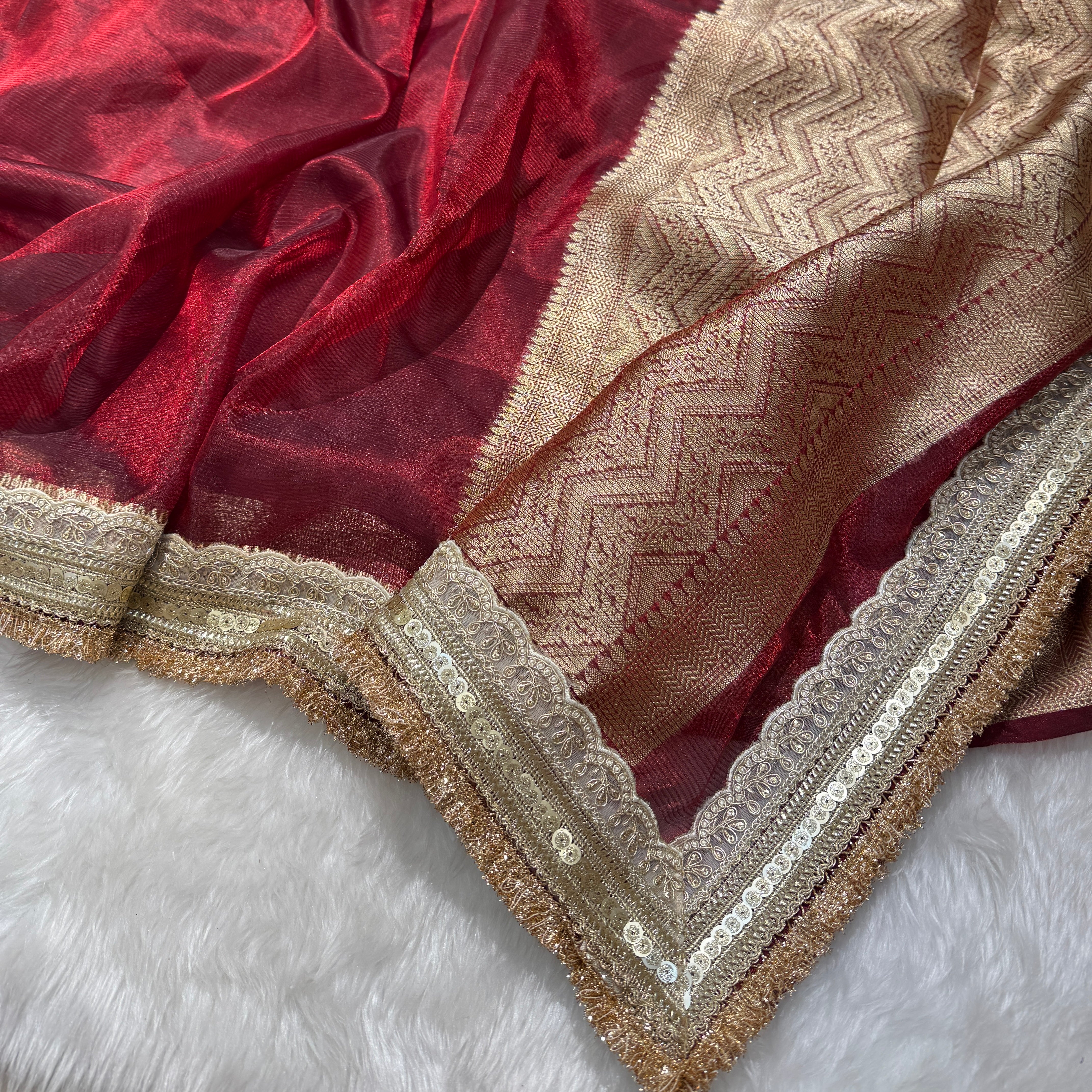 Semi Pure Tissue Silk Saree with Gotta Patti in Maroon Shades TGP12