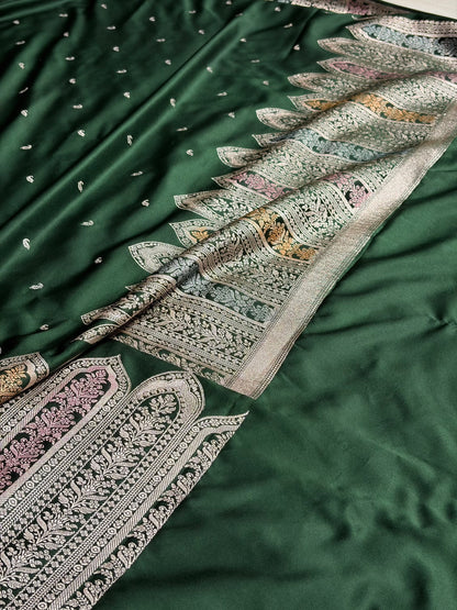 Skirt Border Bottle Green Minakari Mashru Silk Saree MS13