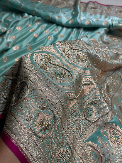 Sea Green Shades Booti Katan Silk Saree with Stone & Zardozi Work BSK12