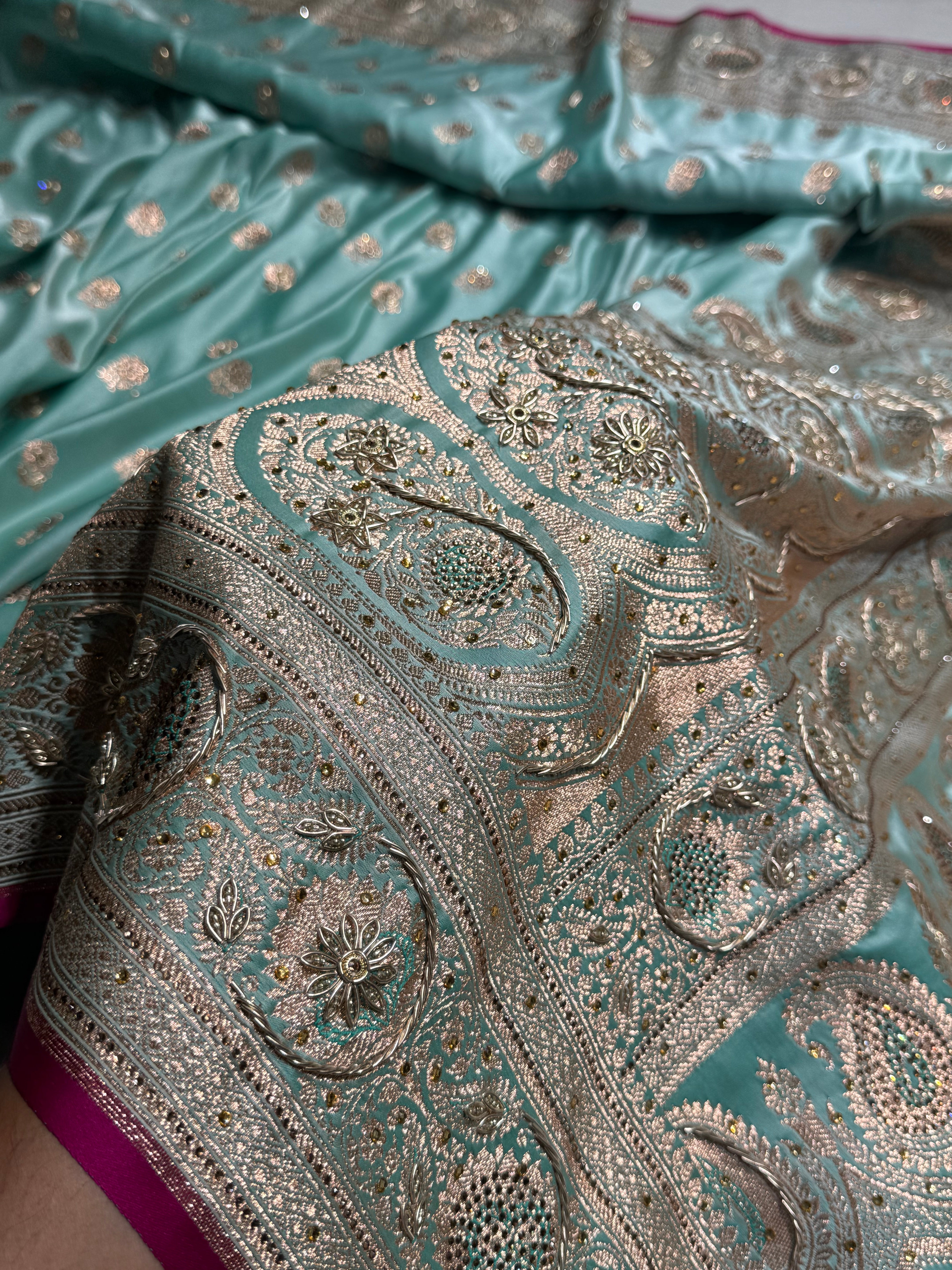 Sea Green Shades Booti Katan Silk Saree with Stone & Zardozi Work BSK12