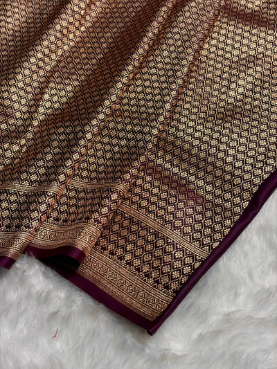 Wine Floral Boota Satin Katan Silk saree SK34