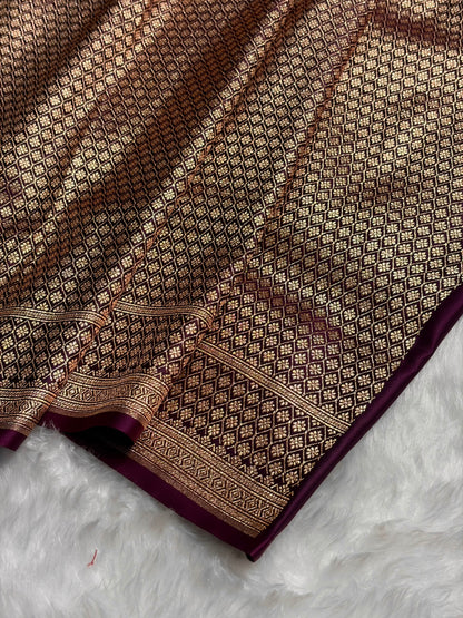 Wine Floral Boota Satin Katan Silk saree SK34