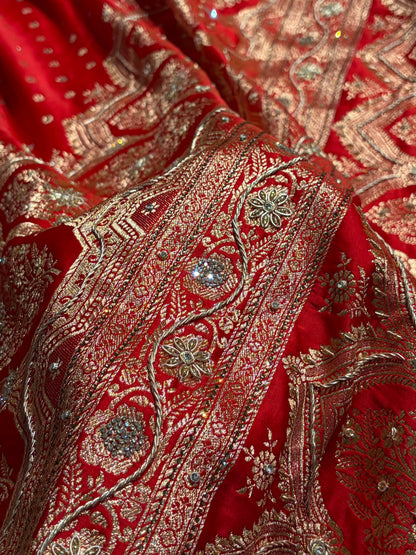 Banarasi Red Katan Silk Saree With Ari Zardozi and Swarovski stone work BSK01