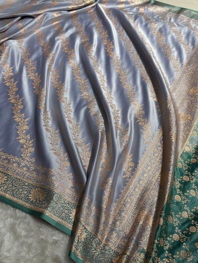 Powder blue / Teal green Contrast Satin Katan Saree Floral Cross Pattern SK155