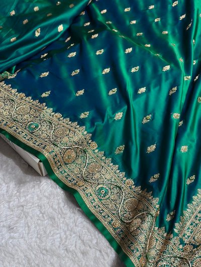 Banarasi Bridal Cross Green Work Pattern Satin Katan Silk Saree BSK82