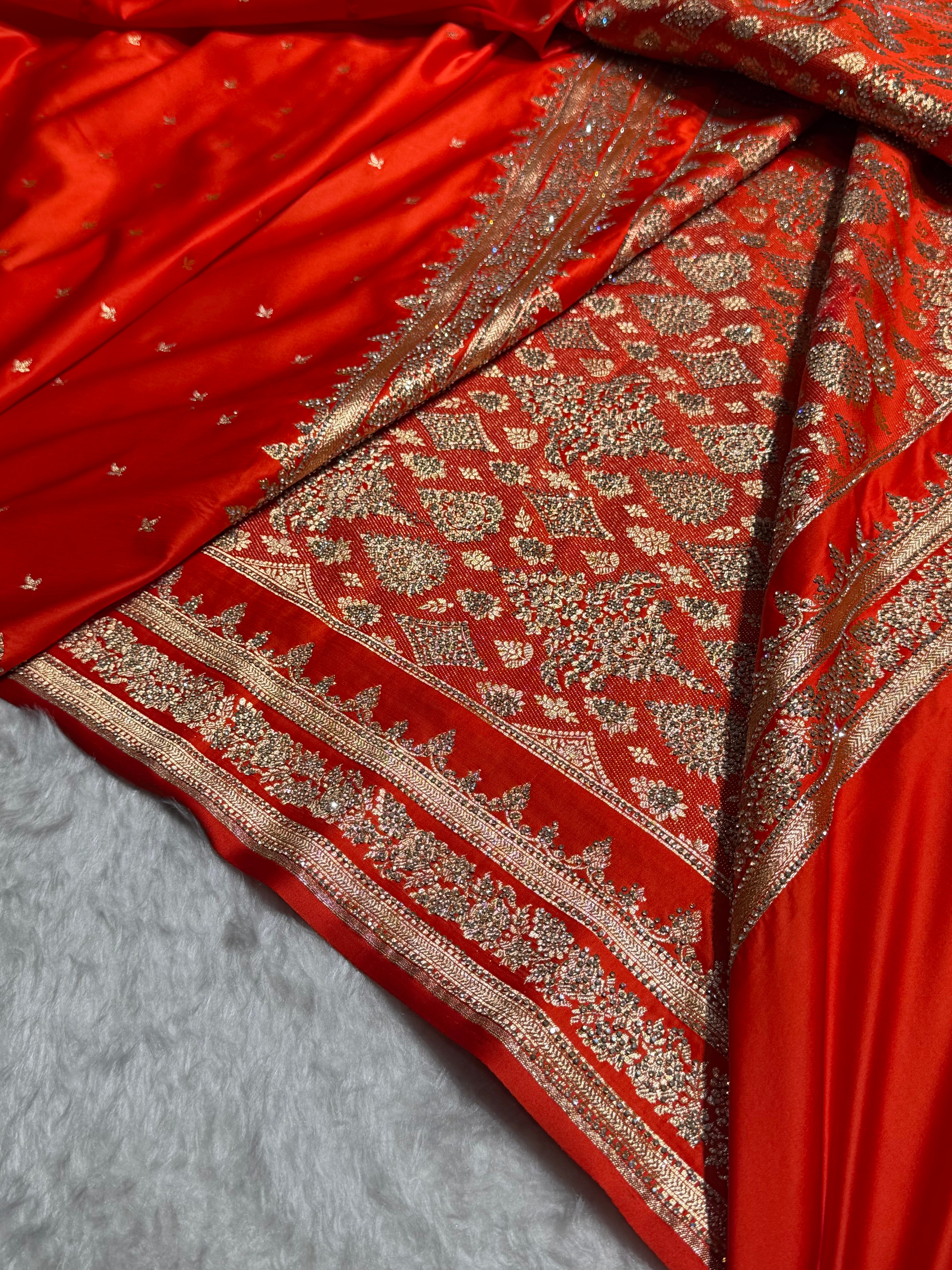 Orange Banarasi Swarovski Work Booti Katan Silk Saree BSKM17