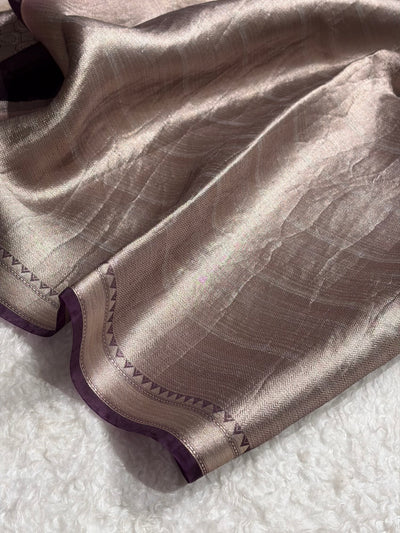 Light Beige & Wine Organza with Pastel Multicolor Florals & Gold Zari Border POP08