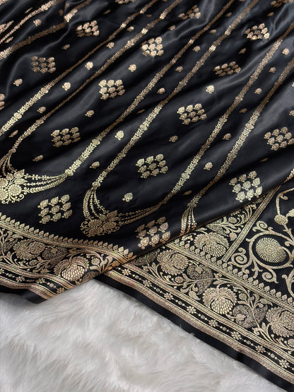 Black Floral Boota Pattern Satin Katan Silk saree SK39