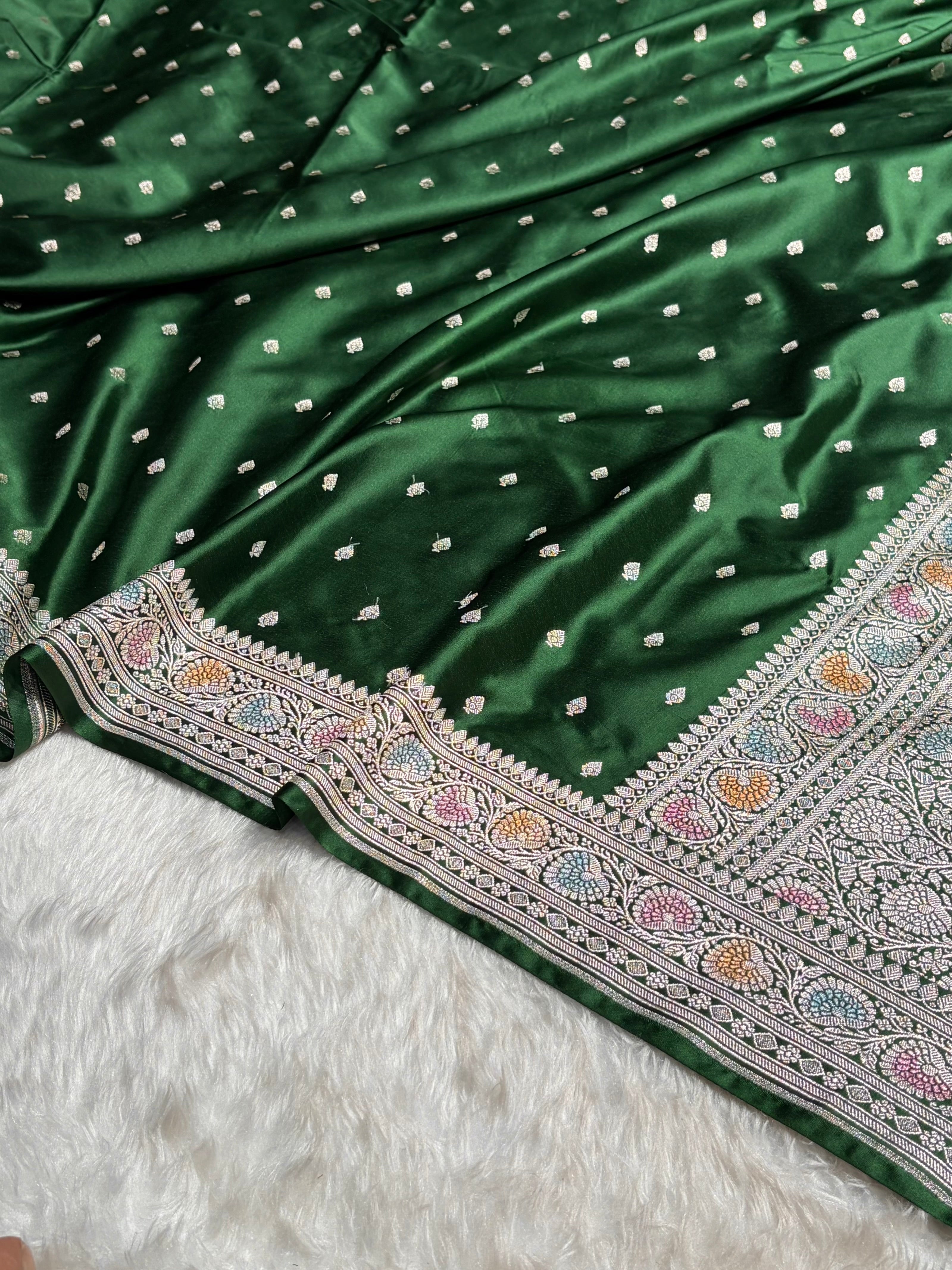 Traditional Bananasi Bottle Green Shades With Contrast Border Booti Mashru Silk Saree MS79