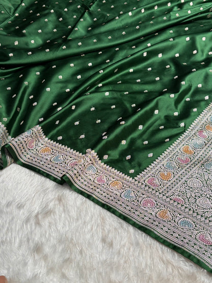 Traditional Bananasi Bottle Green Shades With Contrast Border Booti Mashru Silk Saree MS79