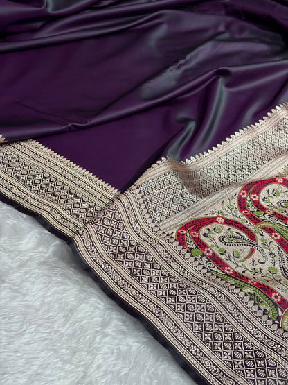 Banarasi Plain Cross Wine Shades With Minakari Pallu Mashru Silk Saree MS82