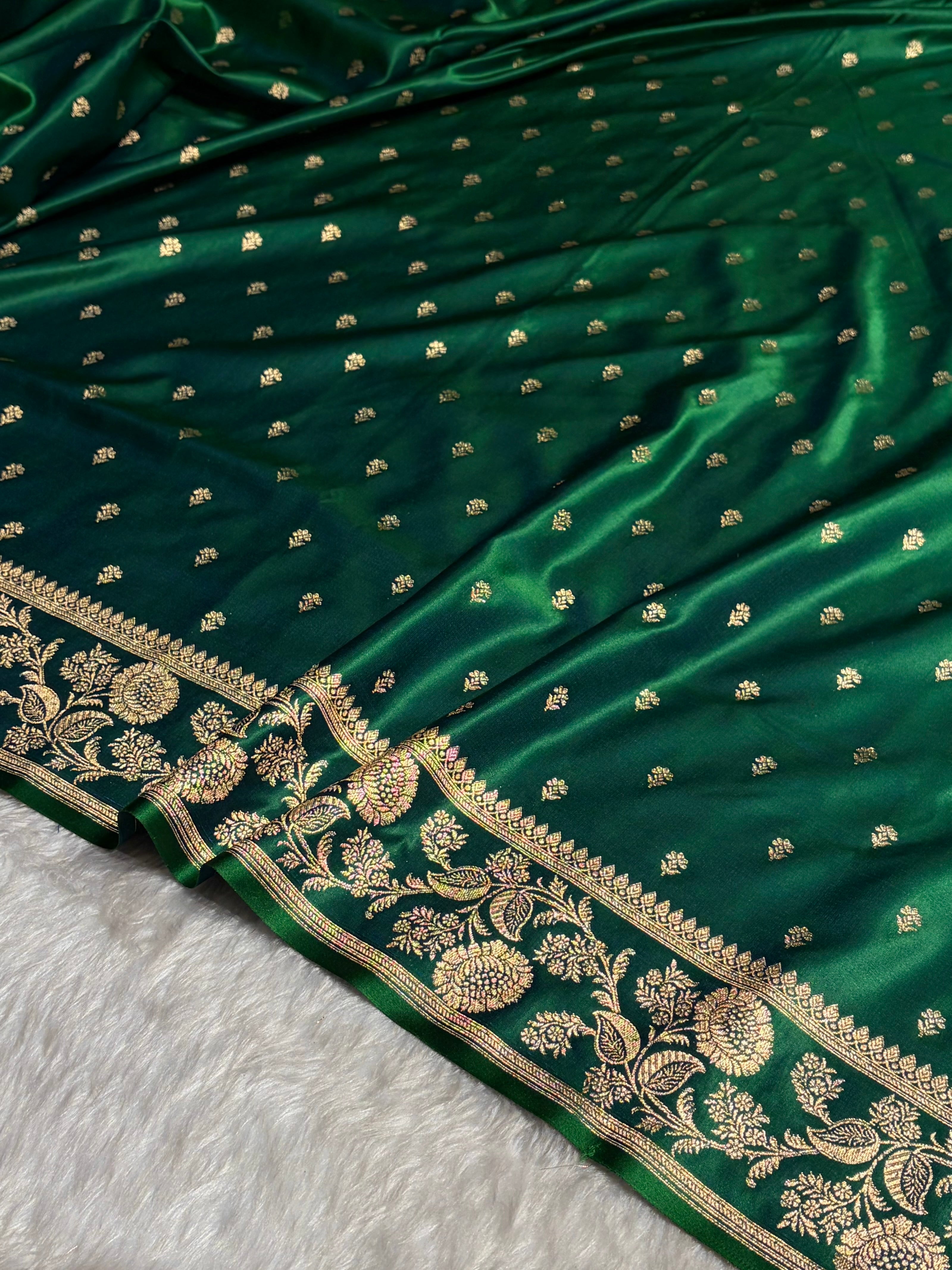 Cross Green Floral Pattern Satin Katan Silk Saree SK77