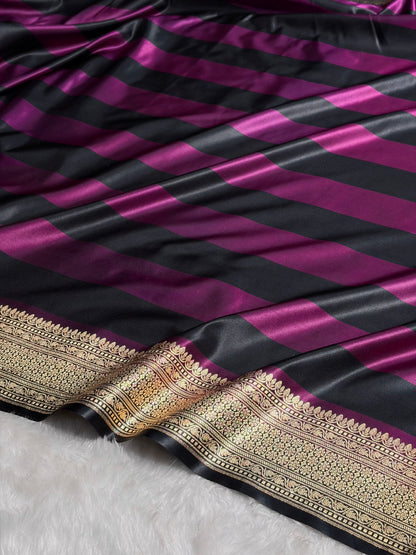Wine With Black Horizontal Strips Floral Border & Brocket Blouse Mashru Silk Saree MSM-84