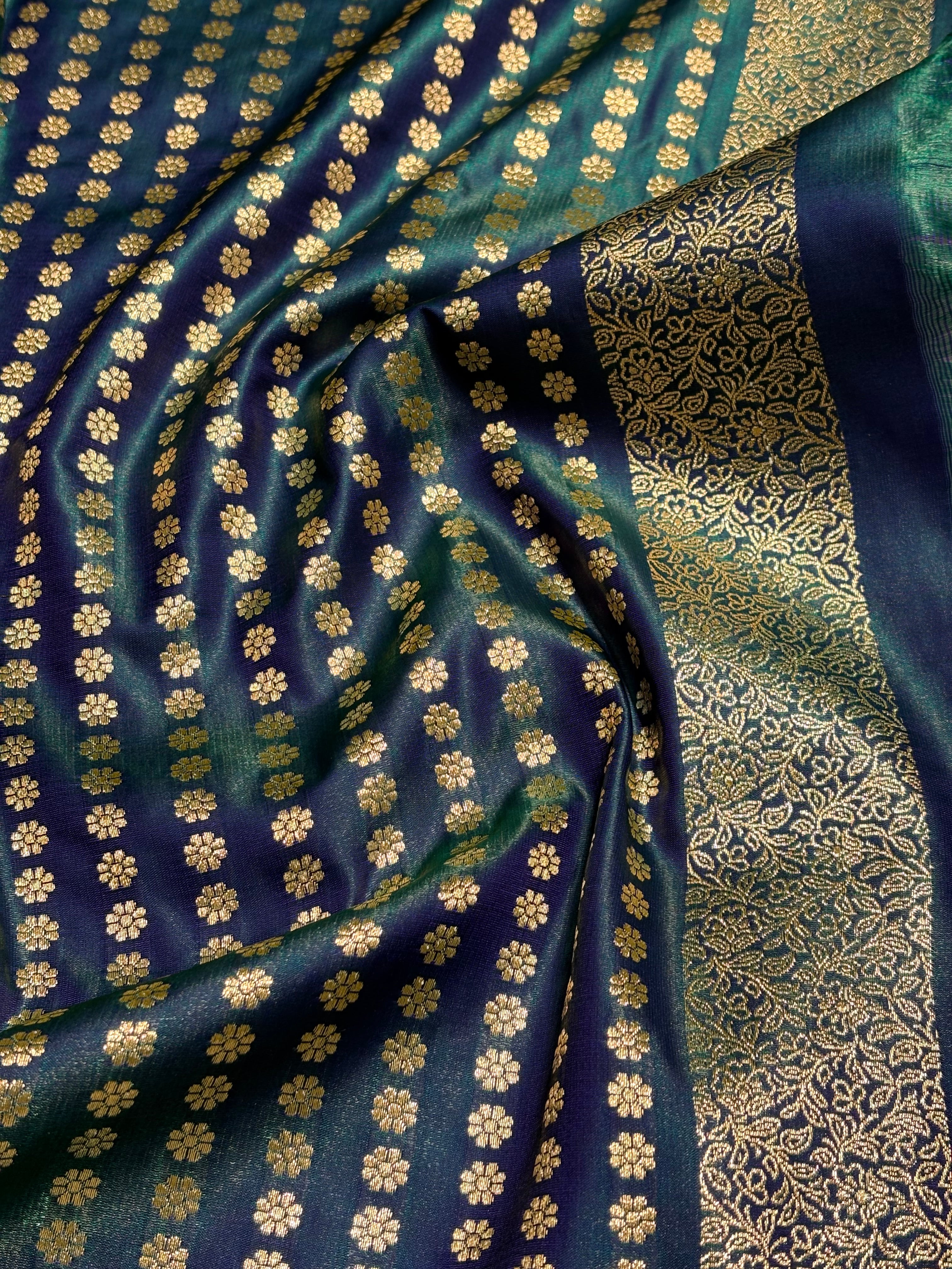 Light Wight Satin Silk Jaal in Peacock Shades with brocade Blouse SS16