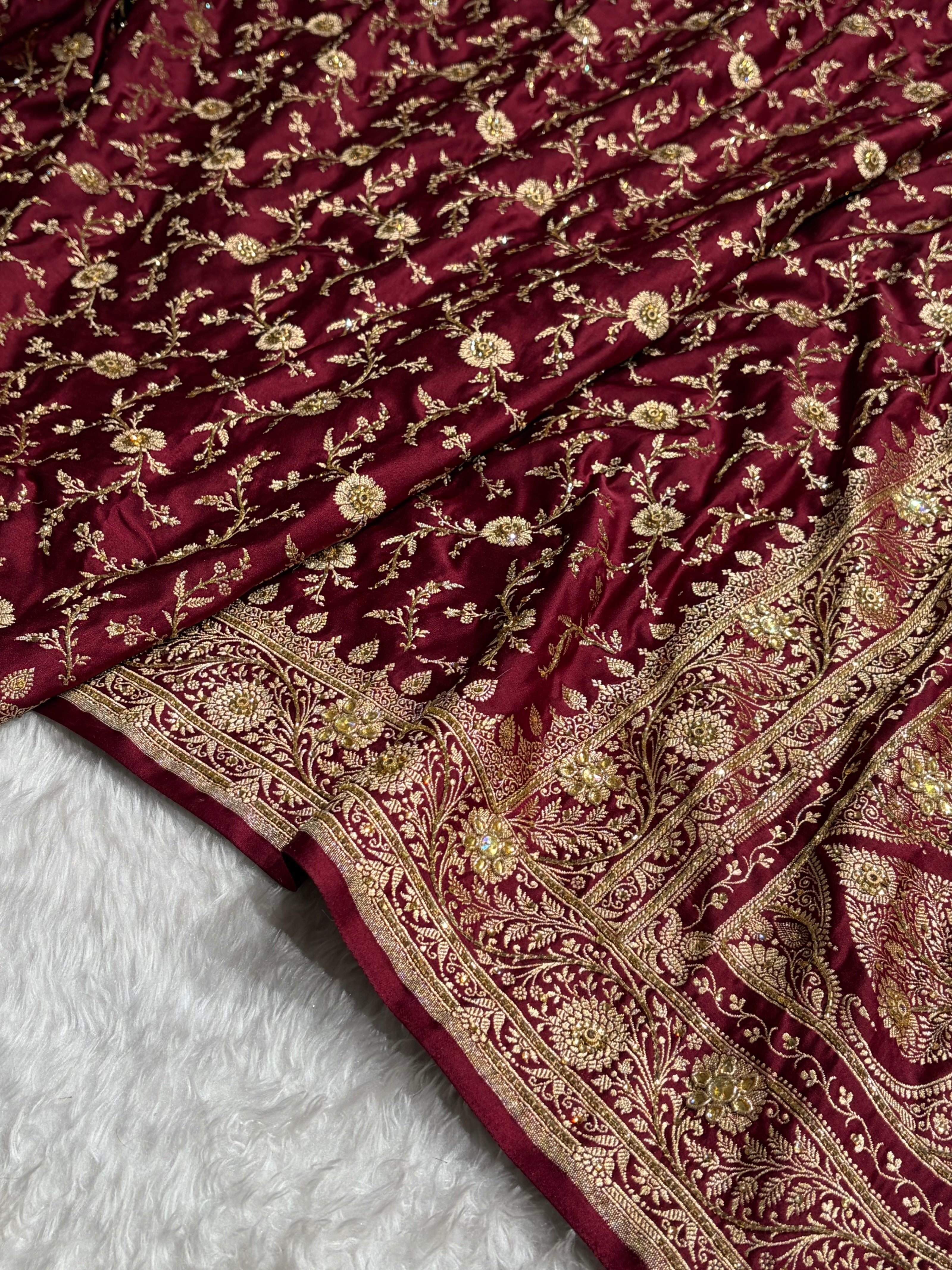 Garnet Shades Banarasi With Ari Zardozi Work Jaal Katan Silk Saree BSKM37