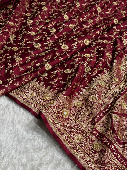 Garnet Shades Banarasi With Ari Zardozi Work Jaal Katan Silk Saree BSKM37