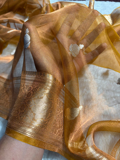 Mustard Bananasi Floral Shades Pure Tissue Silk Saree PT-38