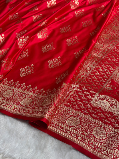 Red Floral Boota Satin Katan Silk saree SK35