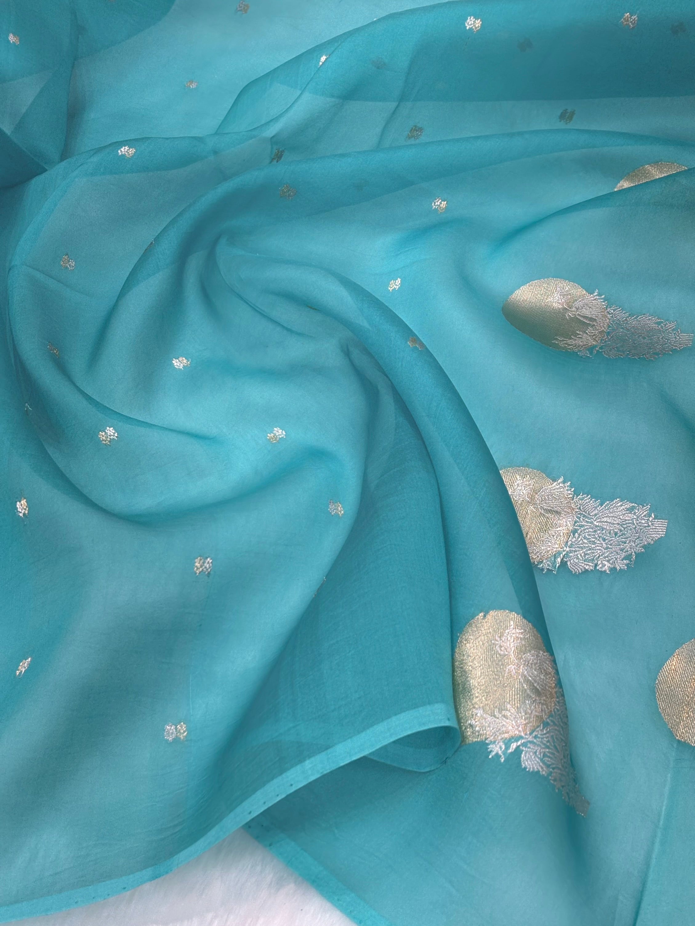Pure Organza Firozi Floral Banarasi Silk Saree PO-06