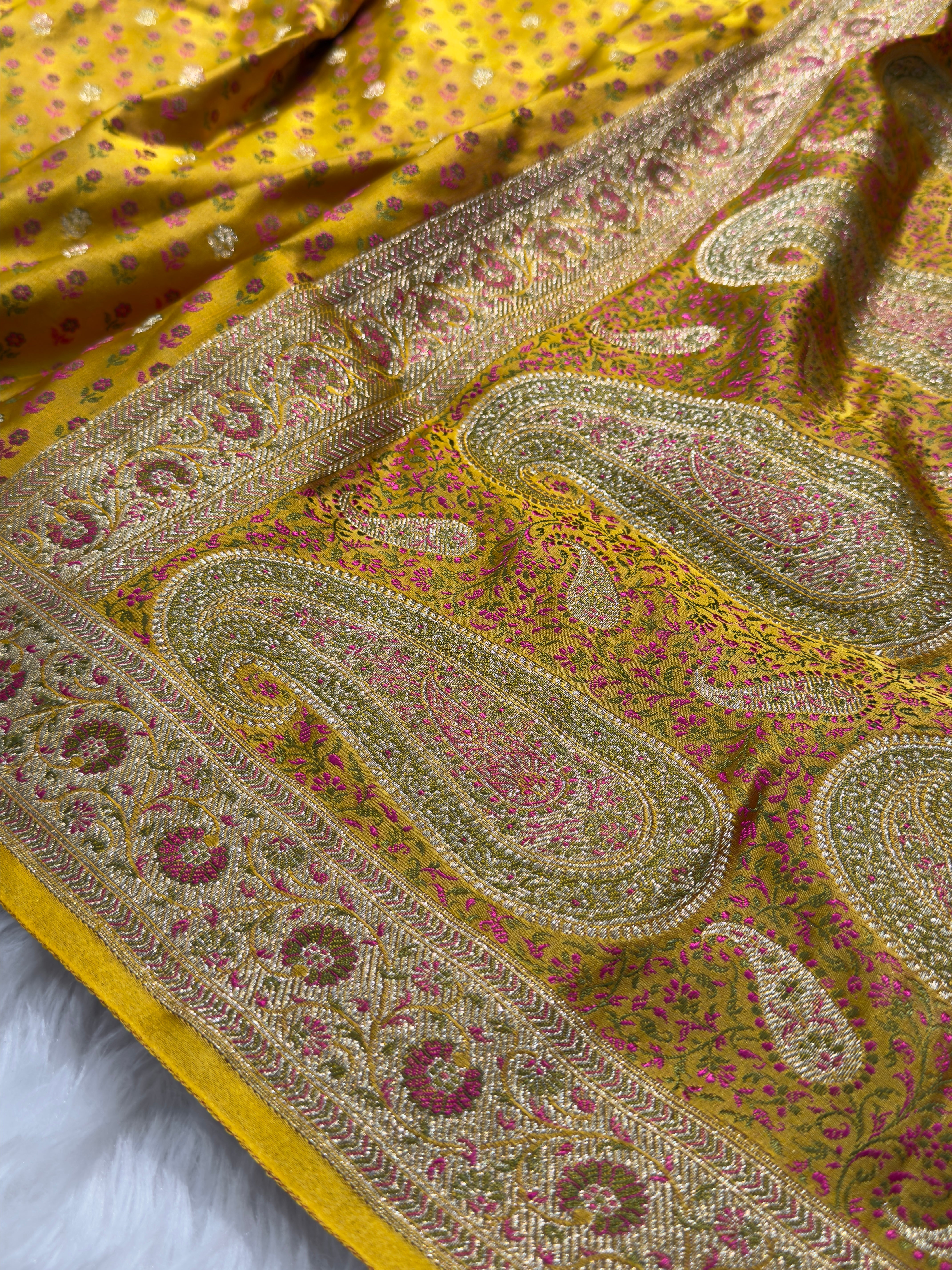 Yellow Minakari Tilfi booti Katan Silk Saree