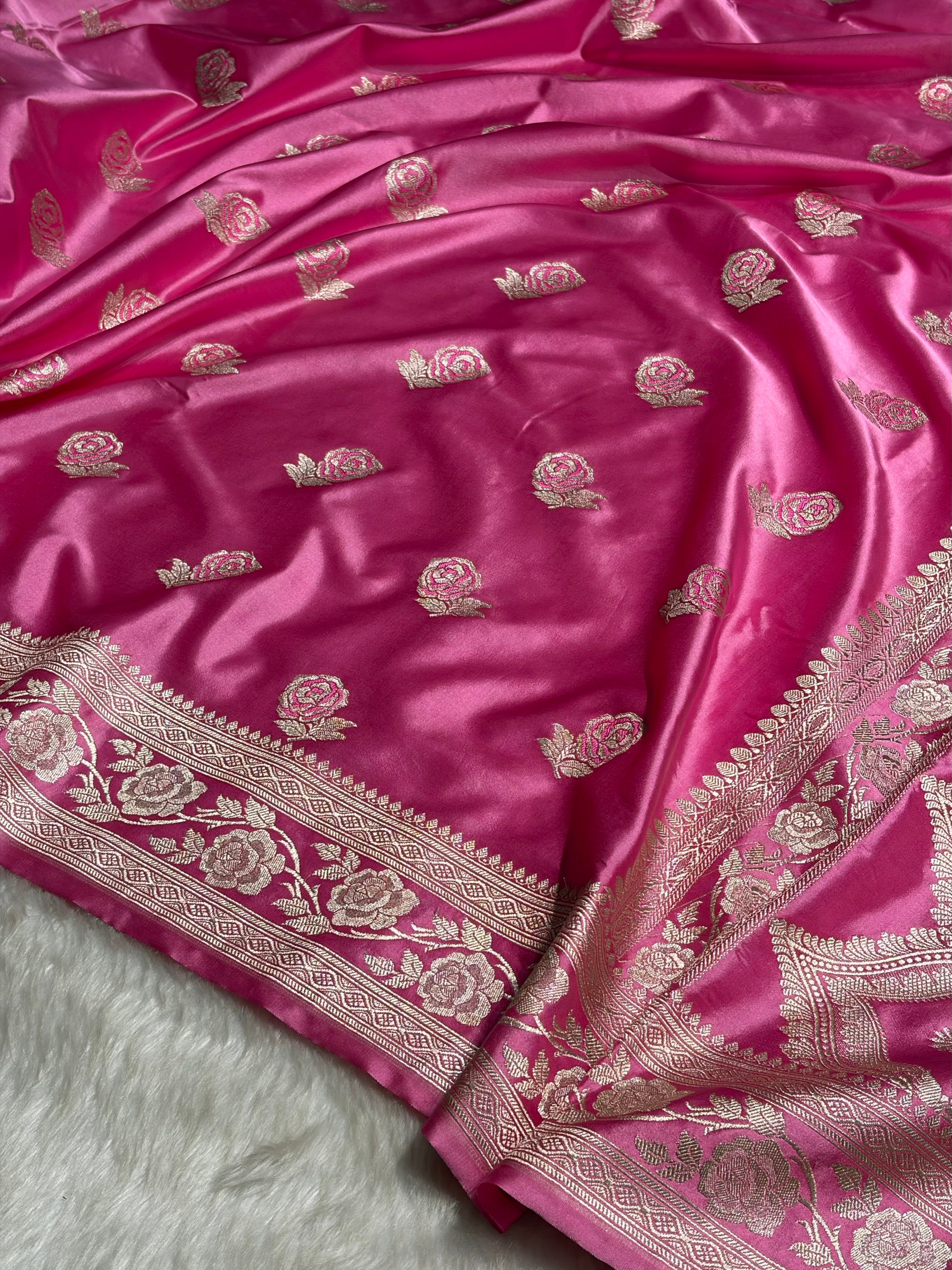 Baby Pink Rose Motif Mashru Silk Saree