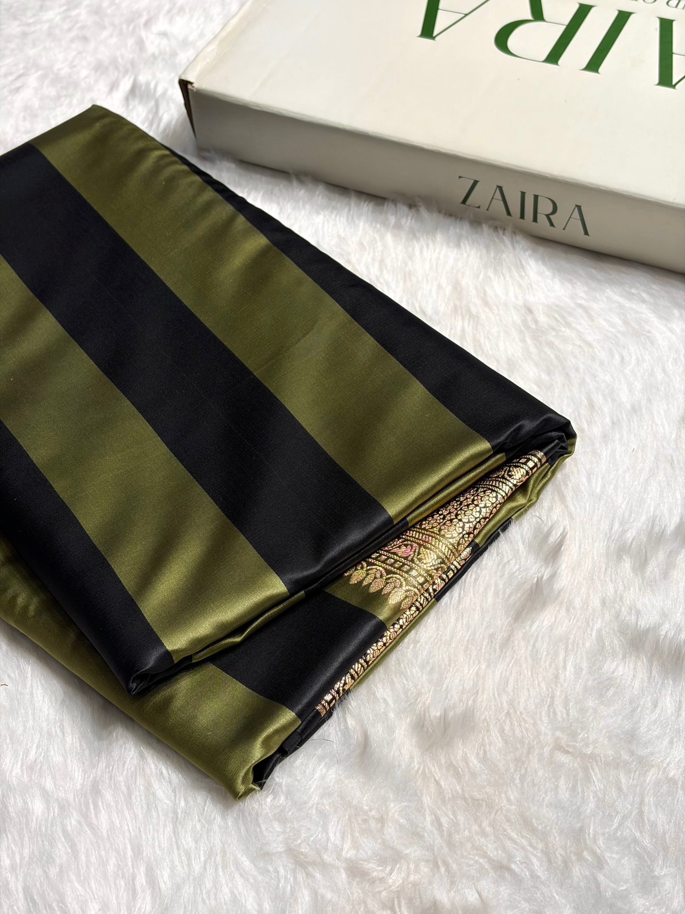 Olive With Black Horizontal Strips Floral Border & Brocket Blouse Mashru Silk Saree MSM-84