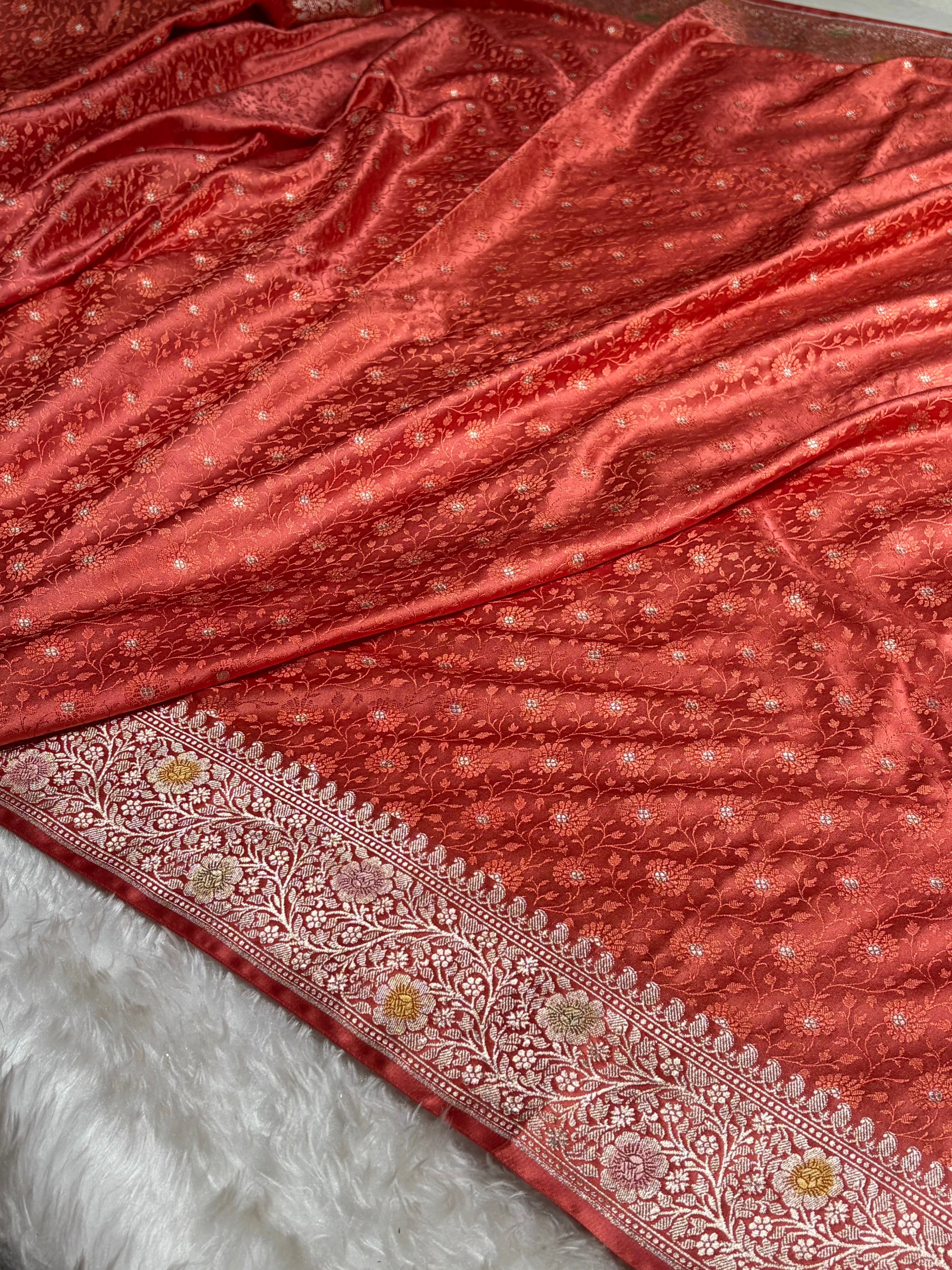 Strawberry Shades Booti Minakari Tanchoi Mashru Silk Saree MS49