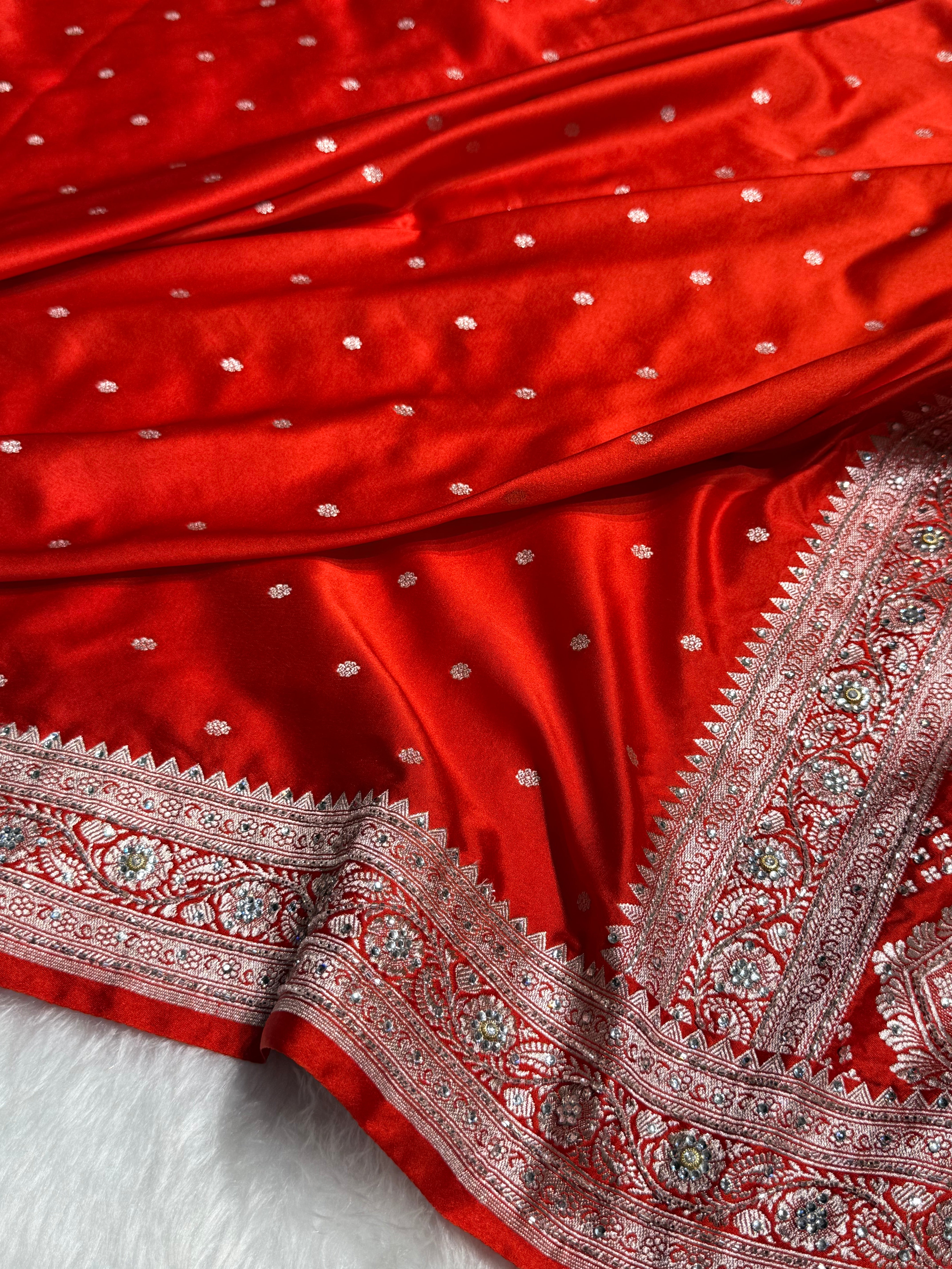 Bridal Rusty Orange Booti Mashru Silk Saree with Ari and Stone Work