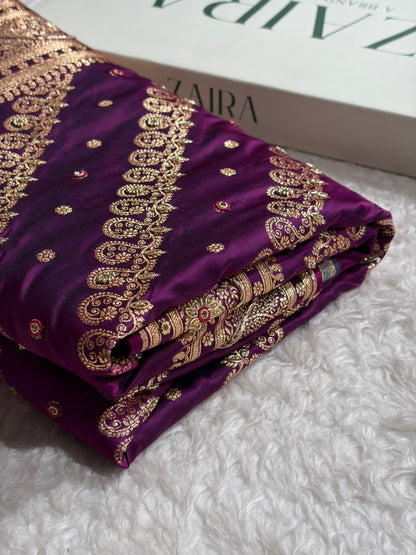 Banarasi Wine Shades Cross Floral Pattern With Zardozi Work Satin Katan Silk Saree BSK79