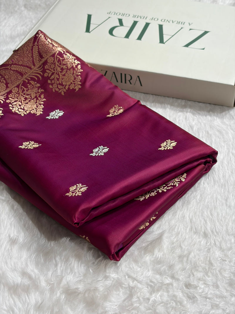 Magentic Red Shades Banarasi With Floral Border Mashru Silk Saree MSM-126