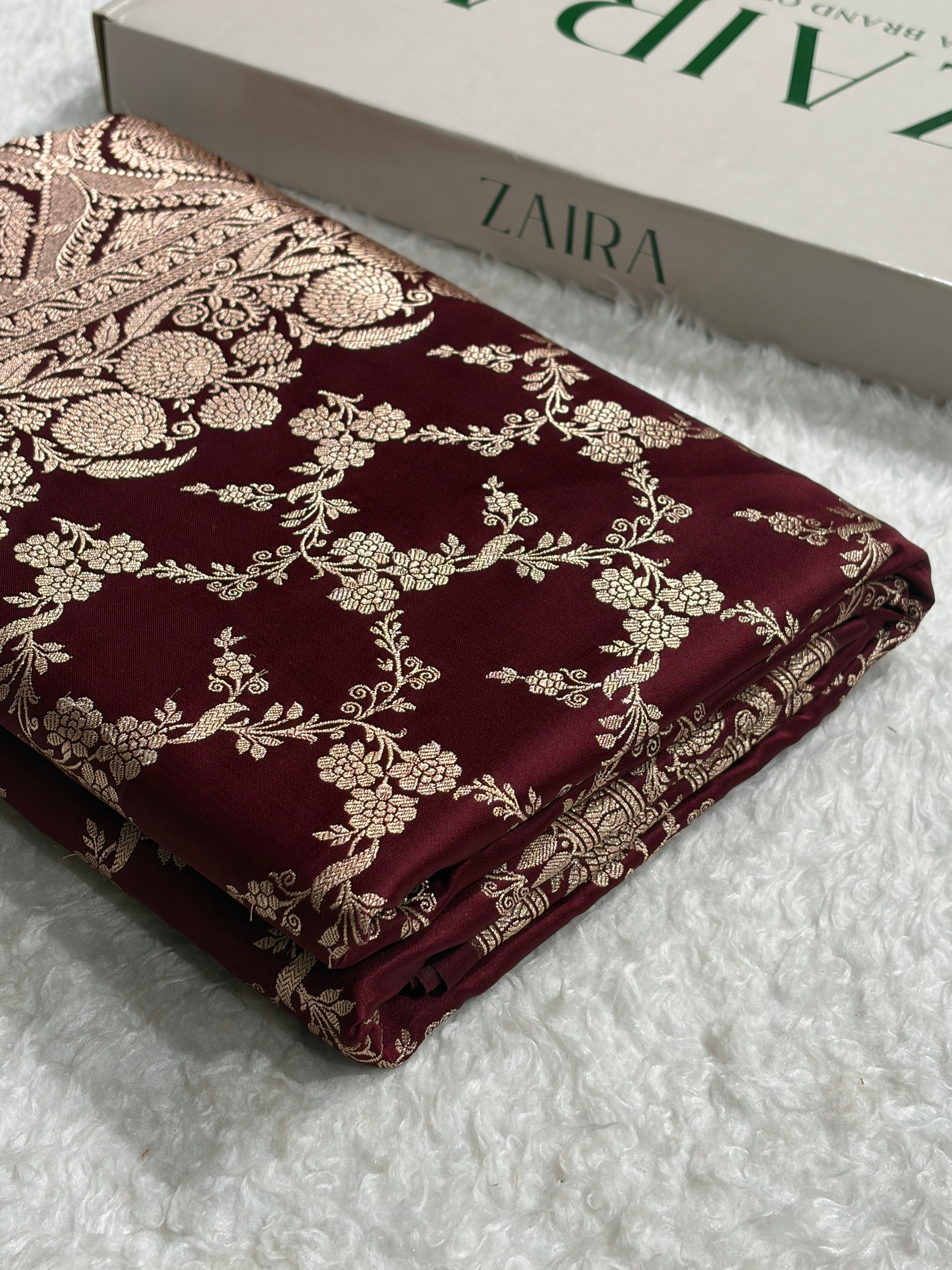 Banarasi Satin Katan Saree With Jaal Pattern In Garnet Shades SK122