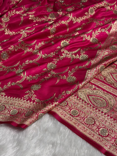 Rani Shades Swarovski Work Jaal Pattern Satin Silk Saree BSS18