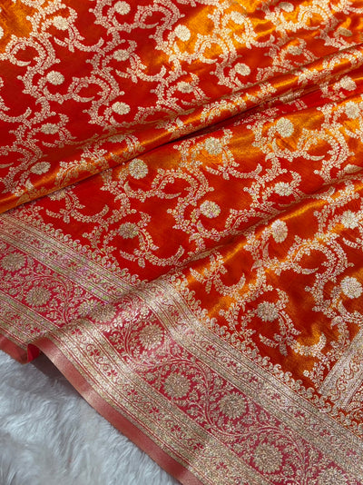 Fire Gold Contrast Shades Jaal Pattern Banarasi Satin Silk Saree SS47