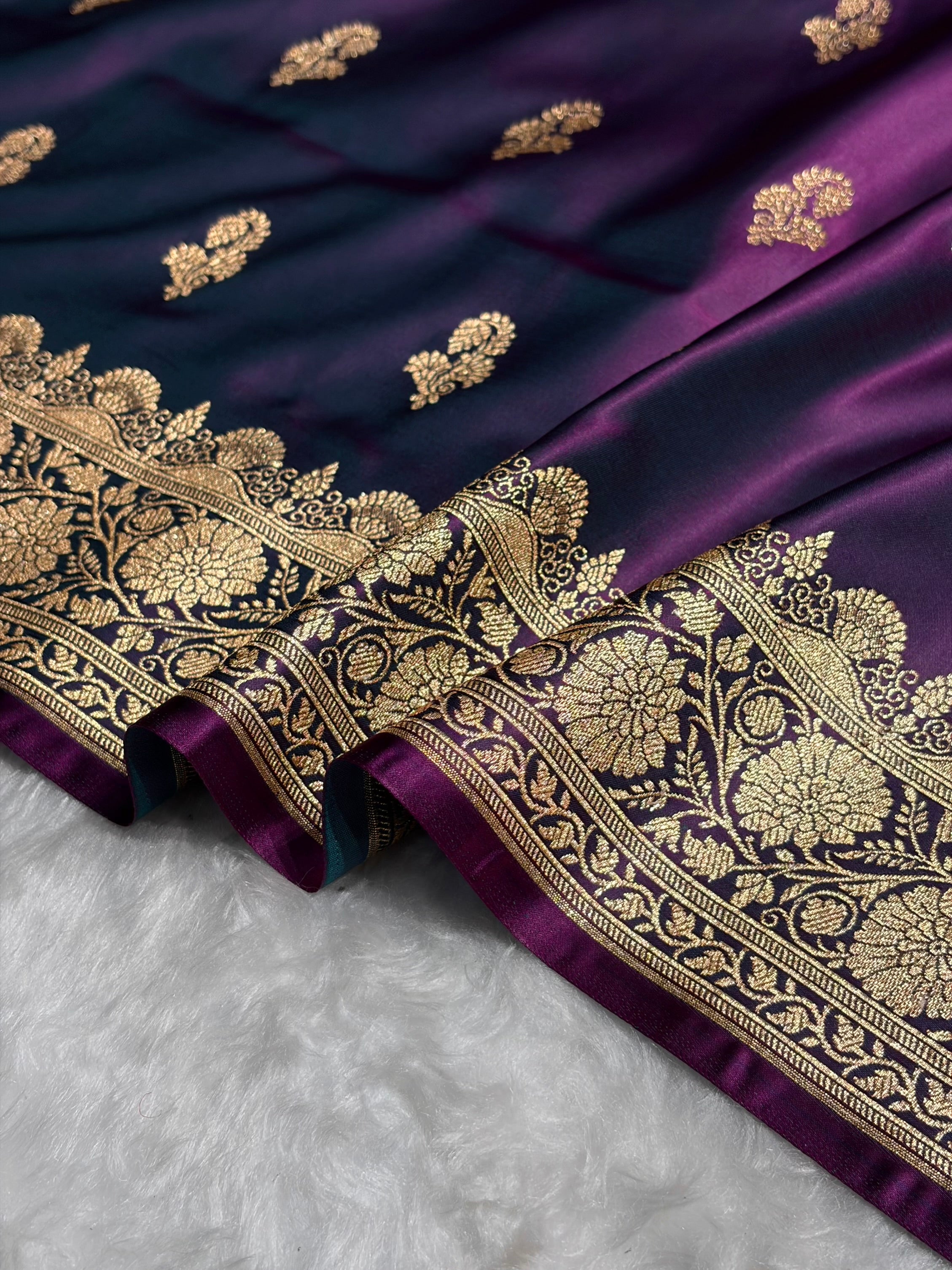 Wine Shades Floral Booti Motif Satin Katan Silk saree SK61