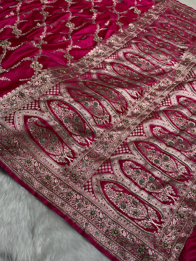 Bridal Rani Shades Banarasi Jaal With Zardozi Work Mashru Silk Saree BMSM-127