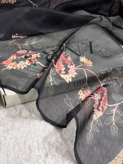 Black Organza with Pastel Multicolor Florals POP02