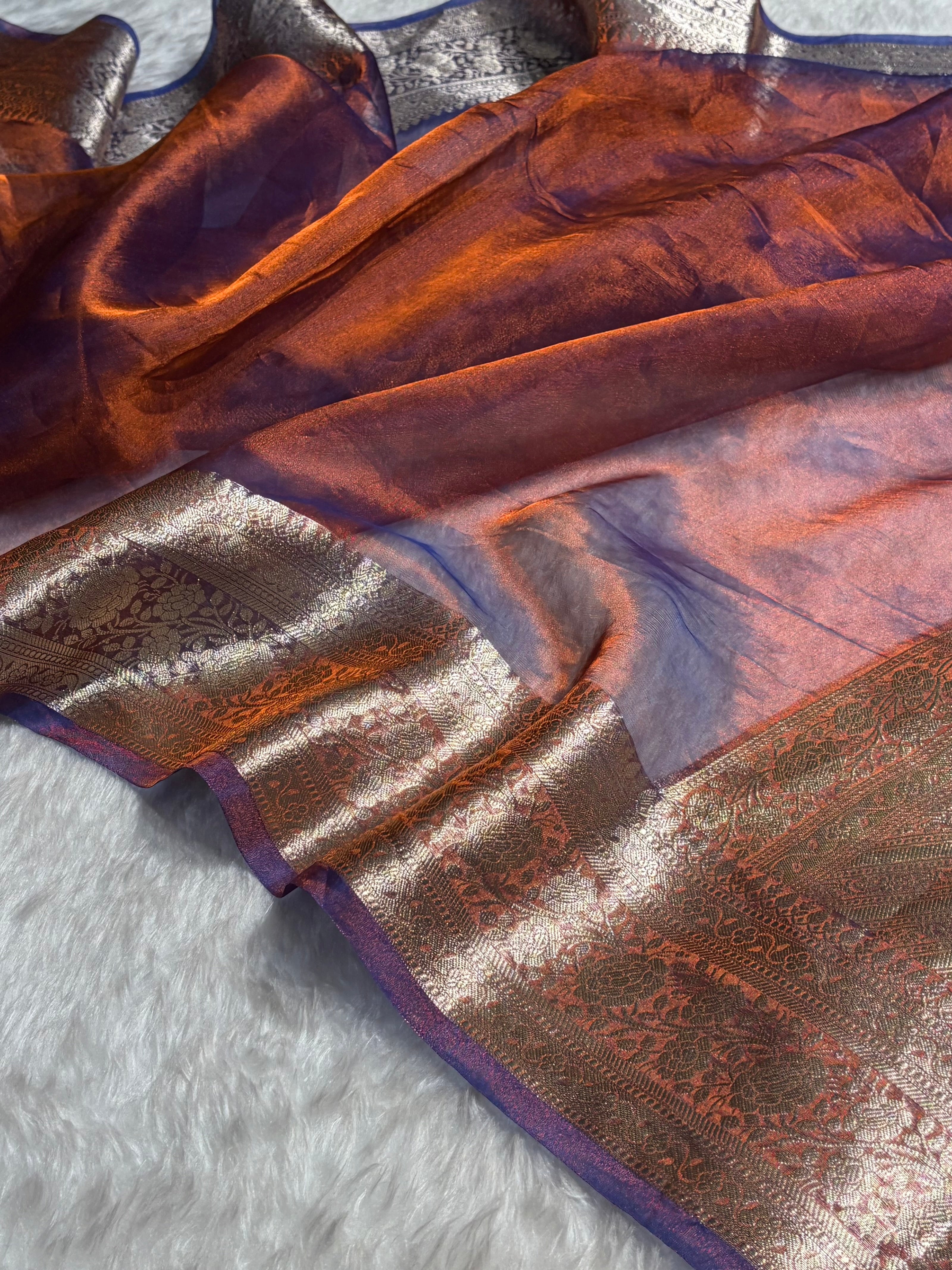 Rusty Purple Shades Pure Tissue Silk Saree with Brocade Blouse PT-08