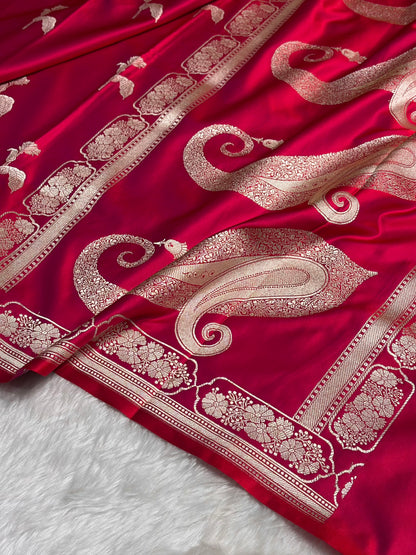 Magentic Red  Boota With Floral Border Mashru Silk Saree MSM-93