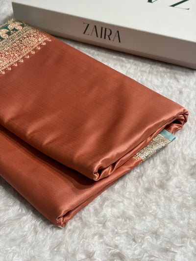 Banarasi Satin Katan Saree in Contrast Dusty Peach and Turquoise Shades SK131