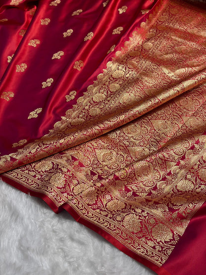 Reddish Magenta Shades Floral Booti Motif Satin Katan Silk saree SK61