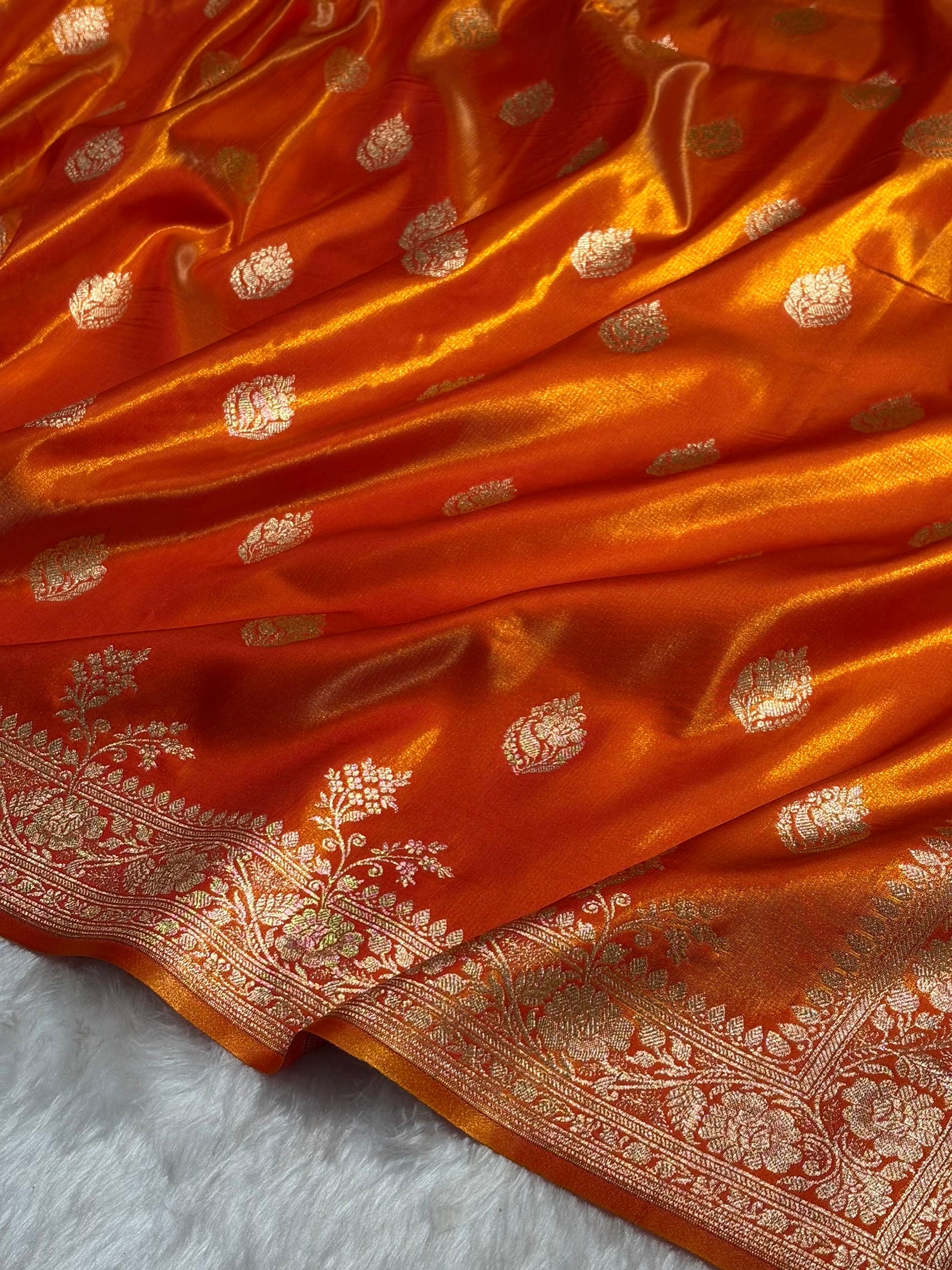 Satin Silk Saree Booti Motif in Orange Shades SS20