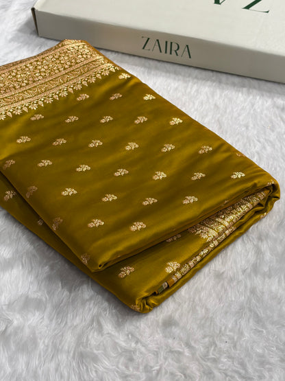 Banarasi Satin Katan Saree With Boota in Liril Mehendi Shades SK89