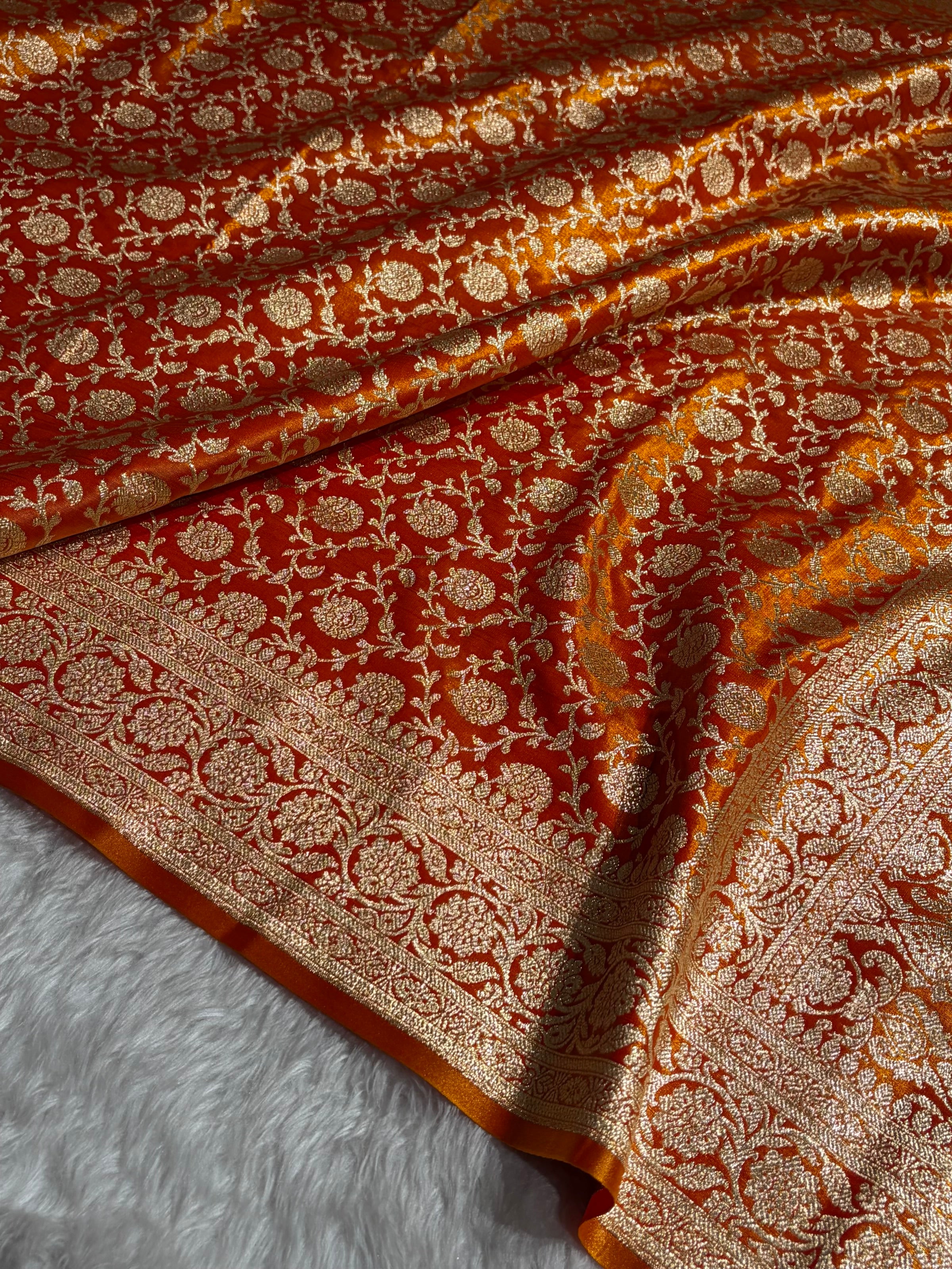 Banarasi Satin Silk Jaal in Fire Gold Shades SS21