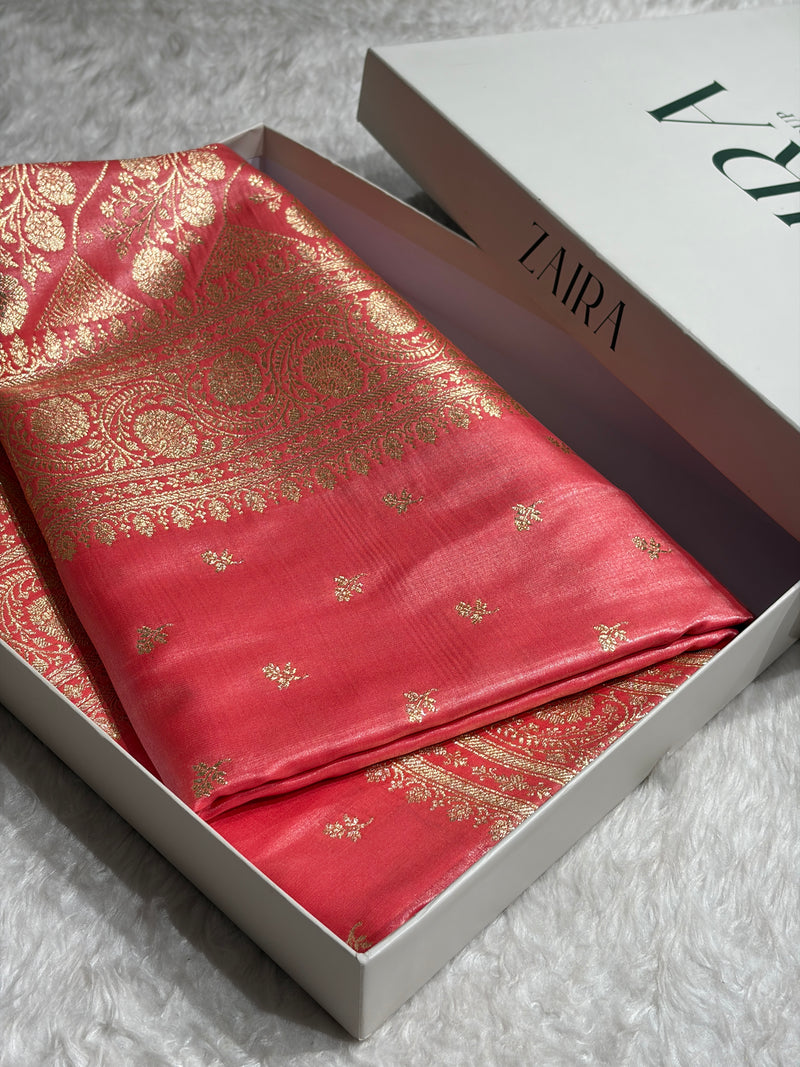 Banarasi Baby Pink Shades Cross Pattern Banarasi Satin Silk Saree SS52