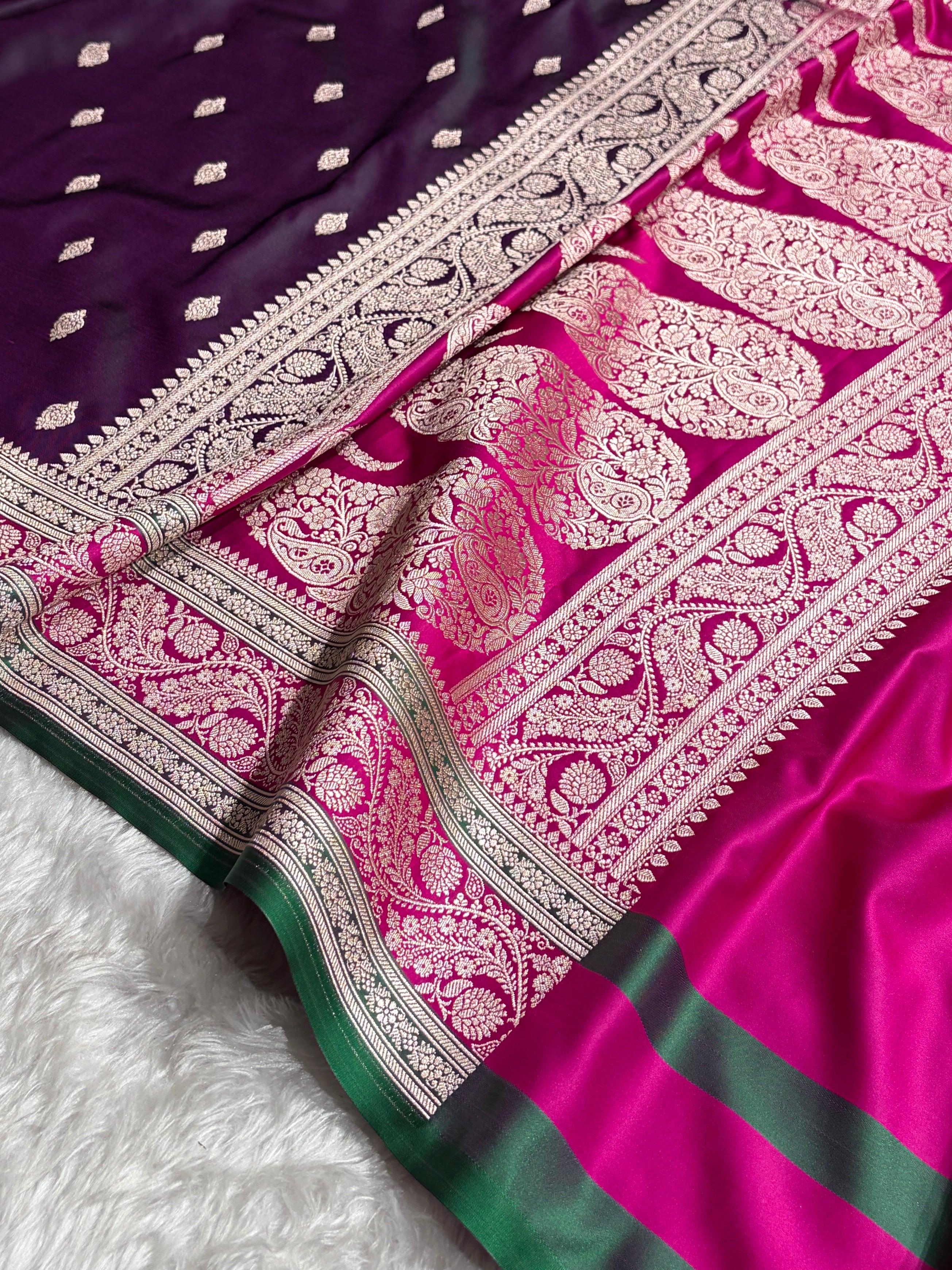 Banarasi Cross Wine With Contrast Rani Floral Border Mashru Silk Saree MSM-101