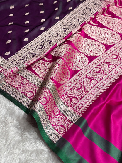Banarasi Cross Wine With Contrast Rani Floral Border Mashru Silk Saree MSM-101