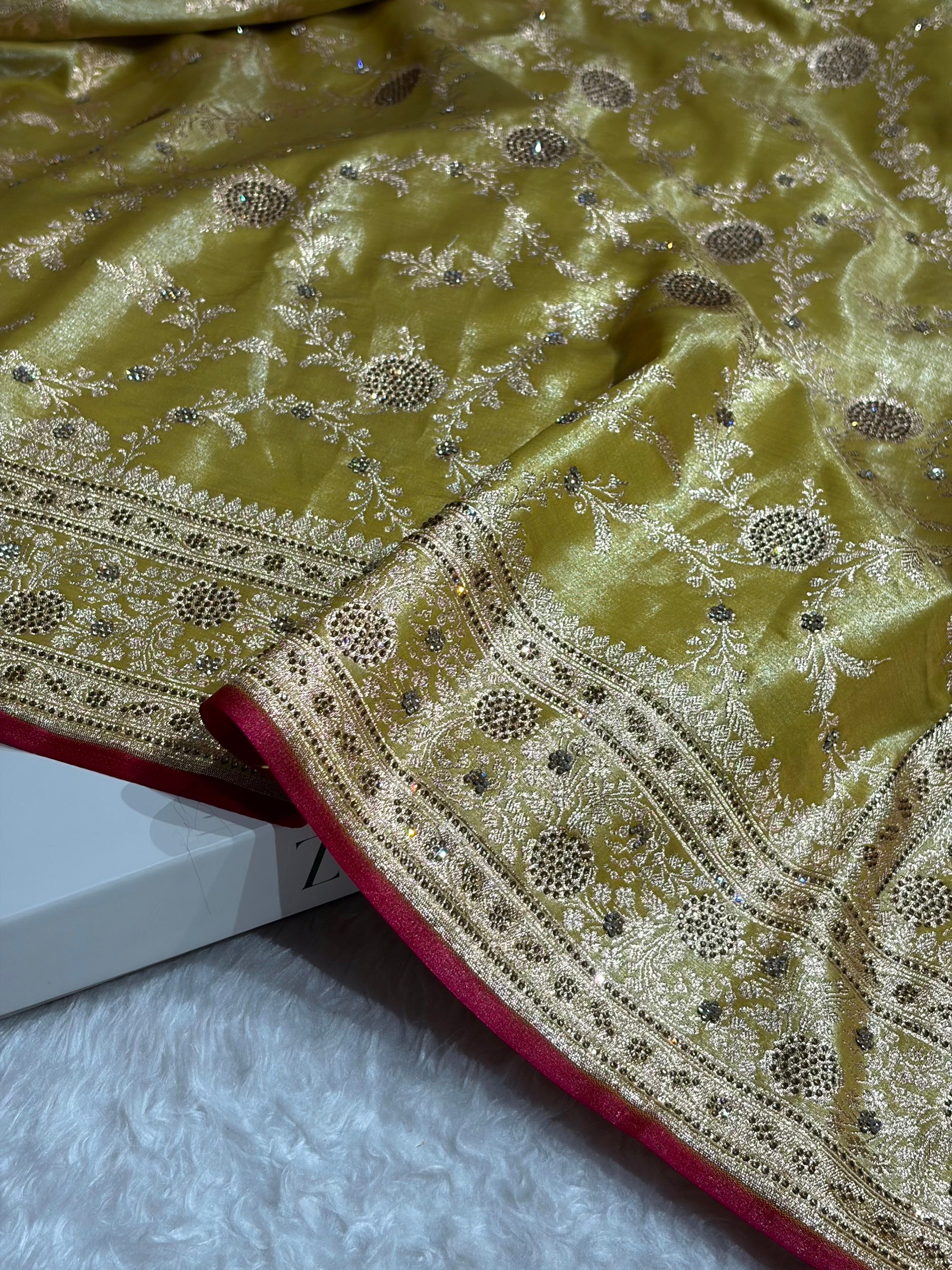 Light Weight Lemon Pista Satin Silk Saree with Swarovski work BSS14