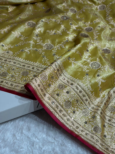 Light Weight Lemon Pista Satin Silk Saree with Swarovski work BSS14